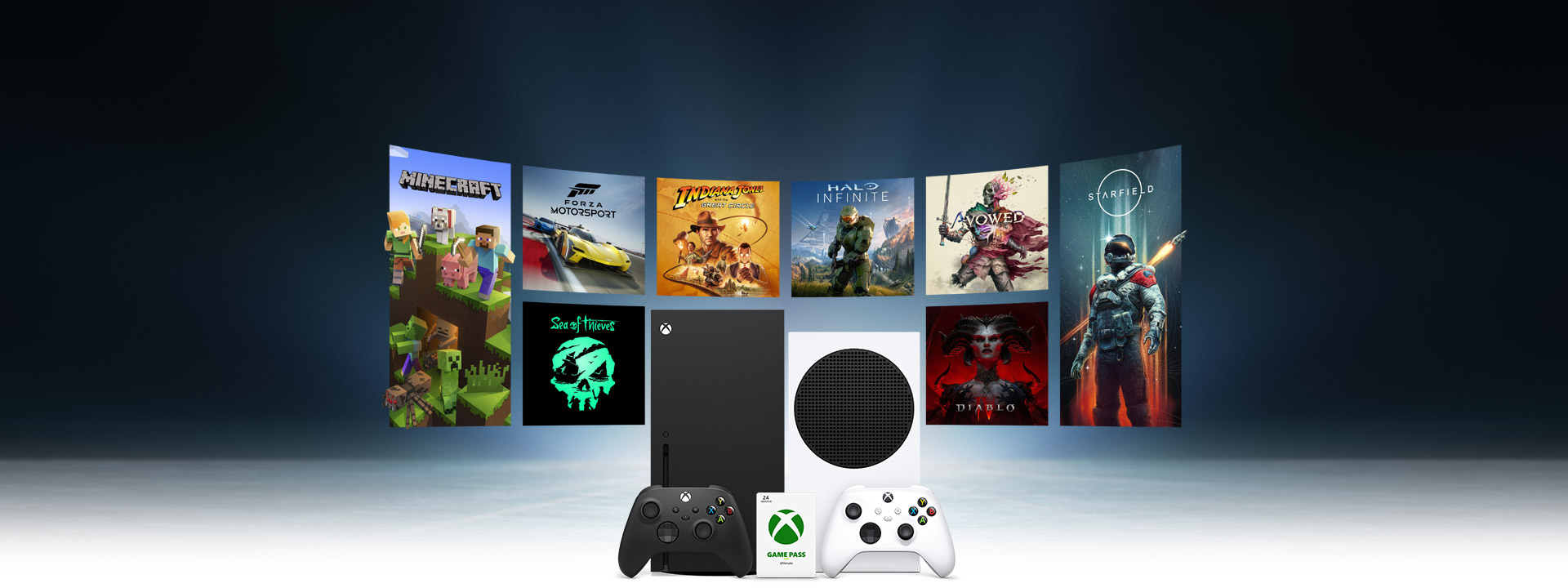 Xbox All Access, Xbox Series X, et Xbox Series S avec des pochettes de jeux Xbox.