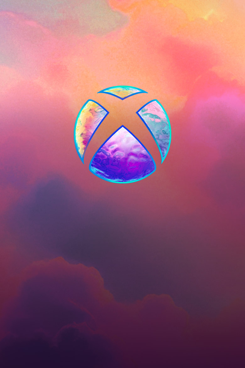 A multi-colored Xbox logo floating amongst pink a purple clouds.