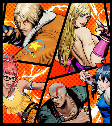 Several Fatal Fury characters in fighting poses collaged together on a red background.