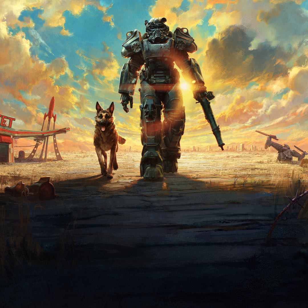 A lone survivor in bulky Power Armor stands in a sunlit wasteland with a Red Rocket station in the distance, accompanied by an alert German Shepherd