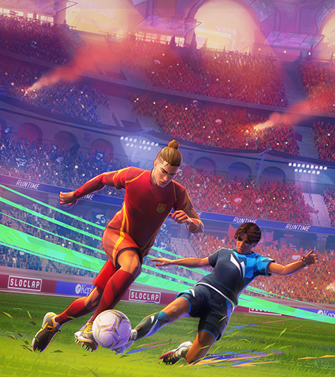 Two footballers race down a field in a packed stadium, one dribbling the ball while the other is attempting a slide tackle