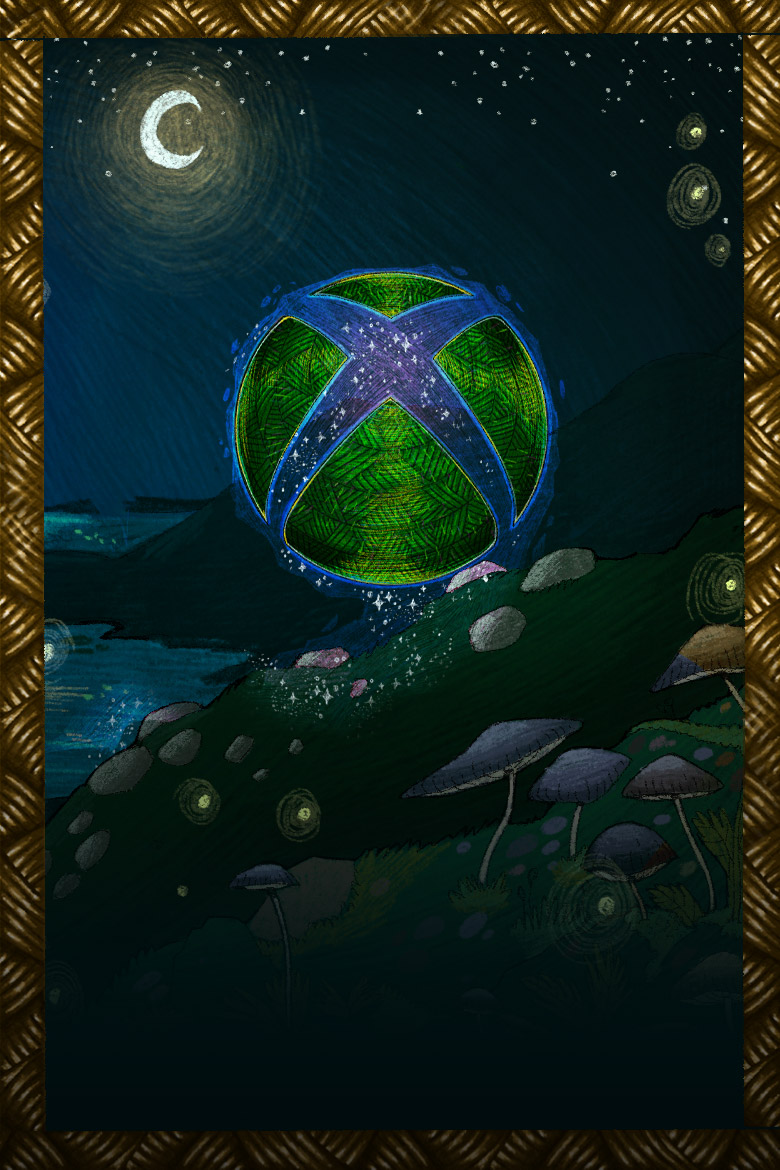 The Xbox logo floating under above green land lit by A crescent moon and stars. 