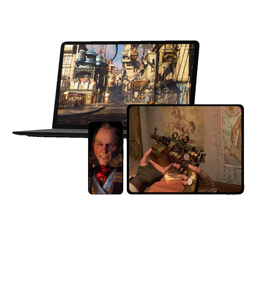 front view of three different monitor screens displaying Clockwork Revolution gameplay