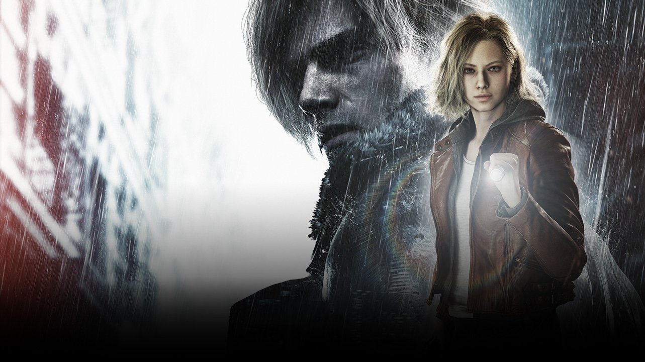 Grace Ashcroft, que lleva puesto una chaqueta de piel marrón con capucha sujeta una linterna con un primer plano de Leon con un abrigo forrado en piel detrás de ella. 