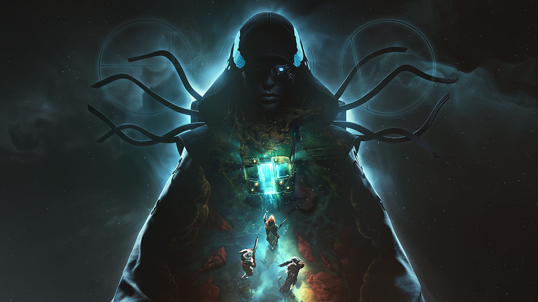 Three team members approaching the back of a subway car all within a silhouette of a cloaked antagonist. 