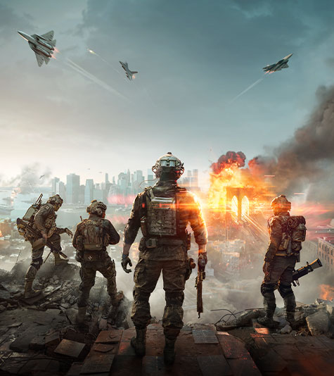 Battlefield 6, soldiers surrounded by heavy smoke overlook a burning city as aircrafts fly overhead.