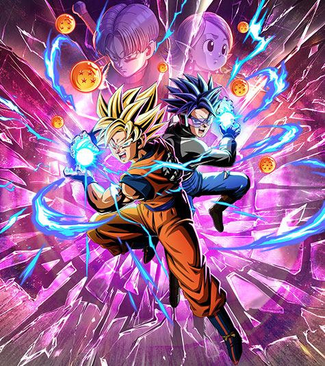 Two characters with spiked hair charge up an energy ball in their hands with purple glass exploding in the background