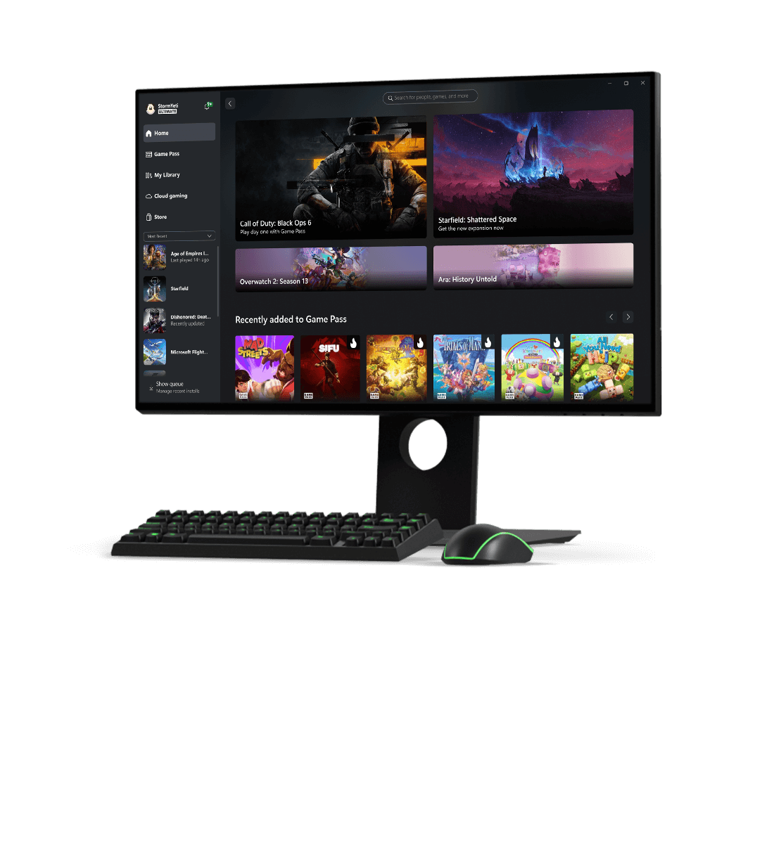 Vorderansicht eines Monitors, der ein Menü der Xbox-App auf einem Windows PC anzeigt
