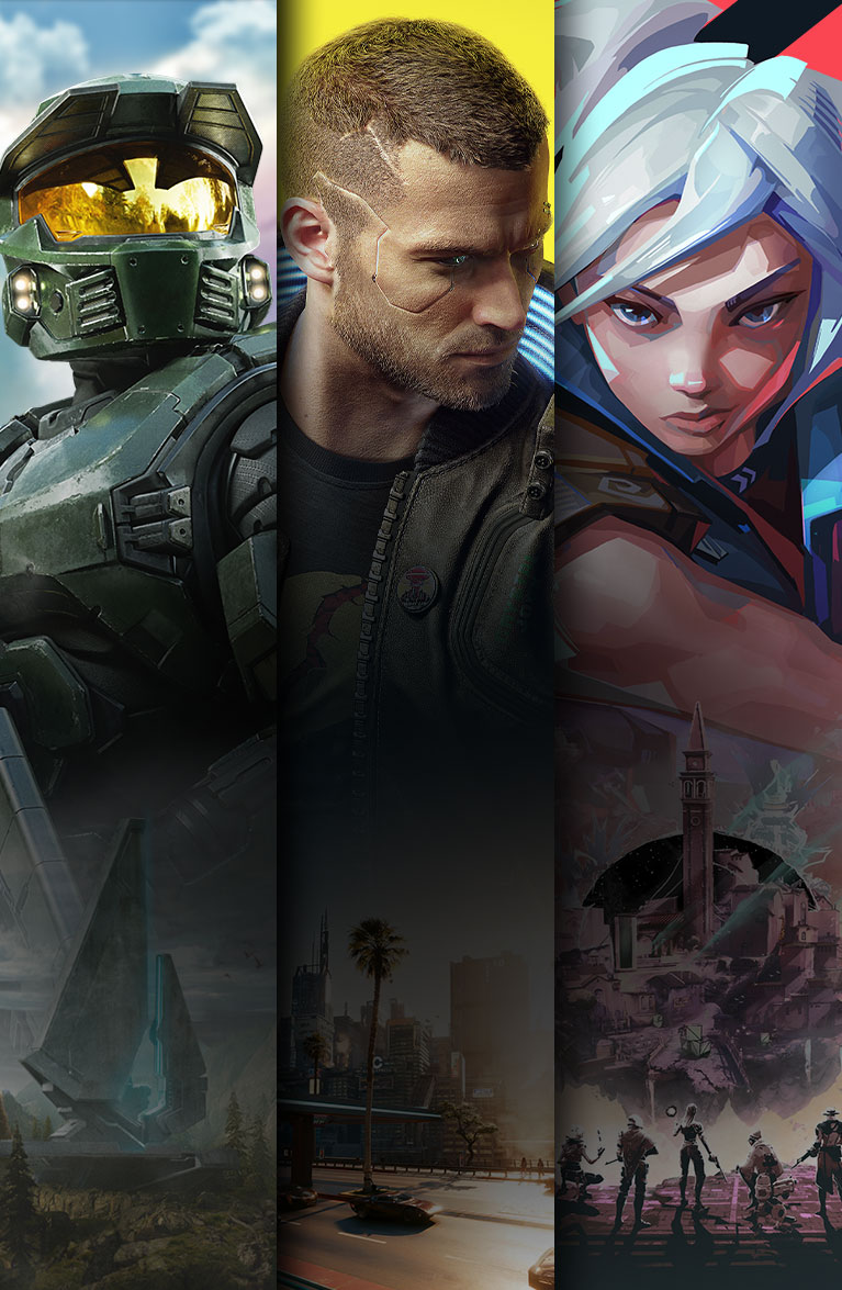 A selection of games available or coming soon with Game Pass including Halo: Campaign Evolved, Cyberpunk 2077, VALORANT, and The Witcher 3: Wild Hunt.
