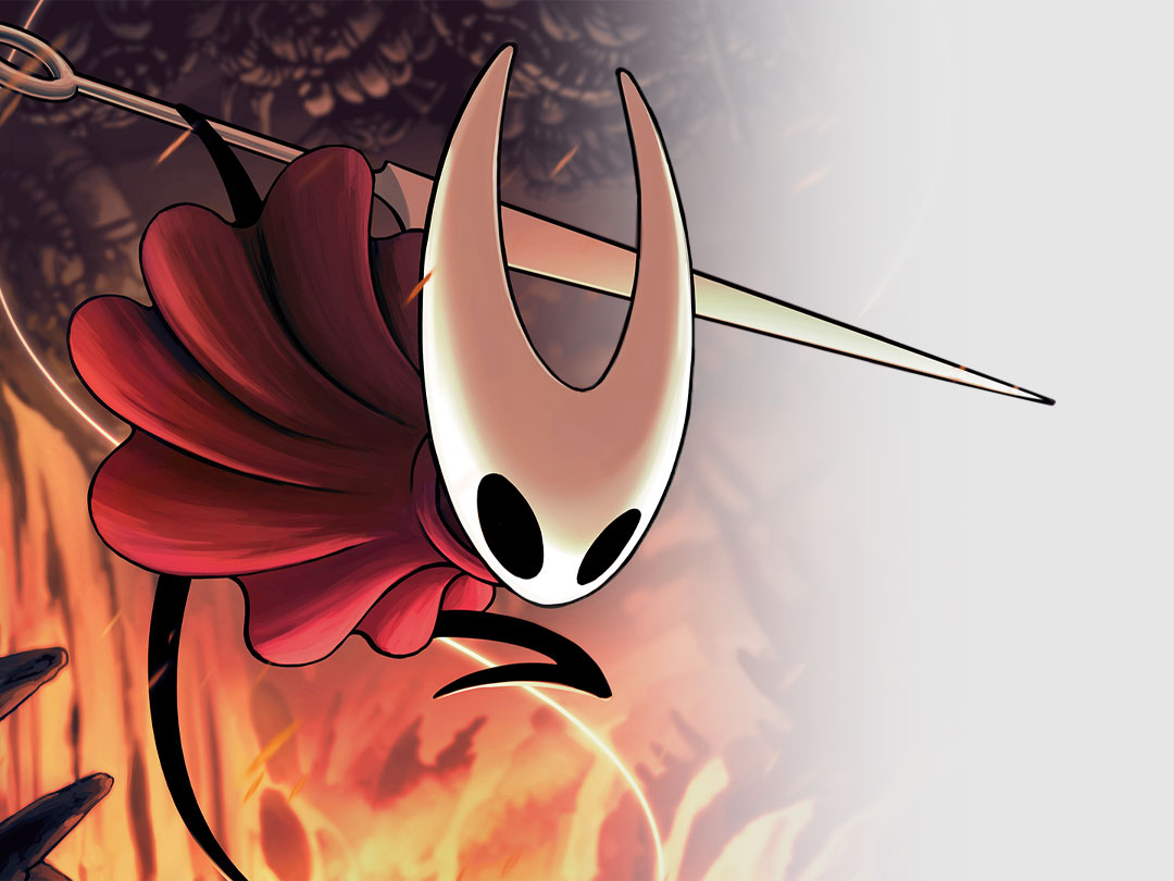 Un personnage avec un masque blanc et une cape rouge saute en l’air en maniant une fine épée. 