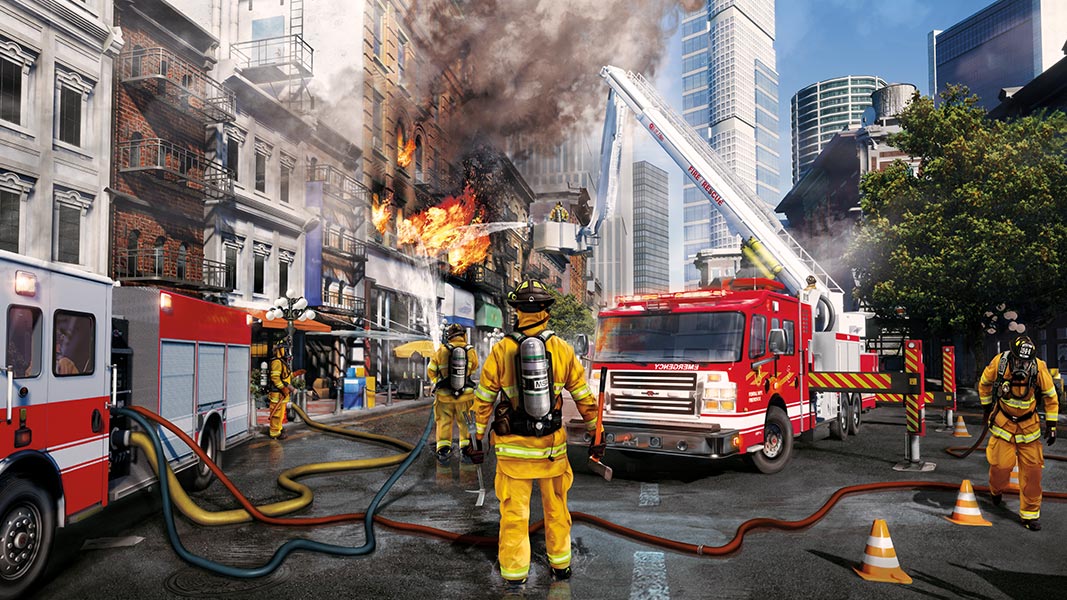 Several firefighters work to save a burning building with fire hoses, including a firefighter in the firetruck's raised boom lift.