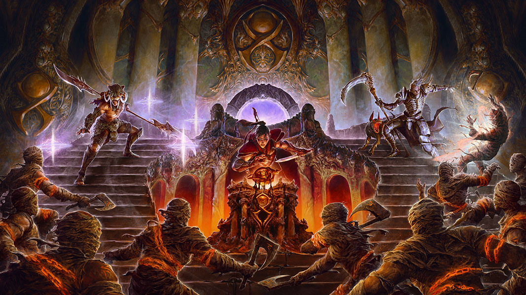 Heroes protect a mystical podium from chained undead.