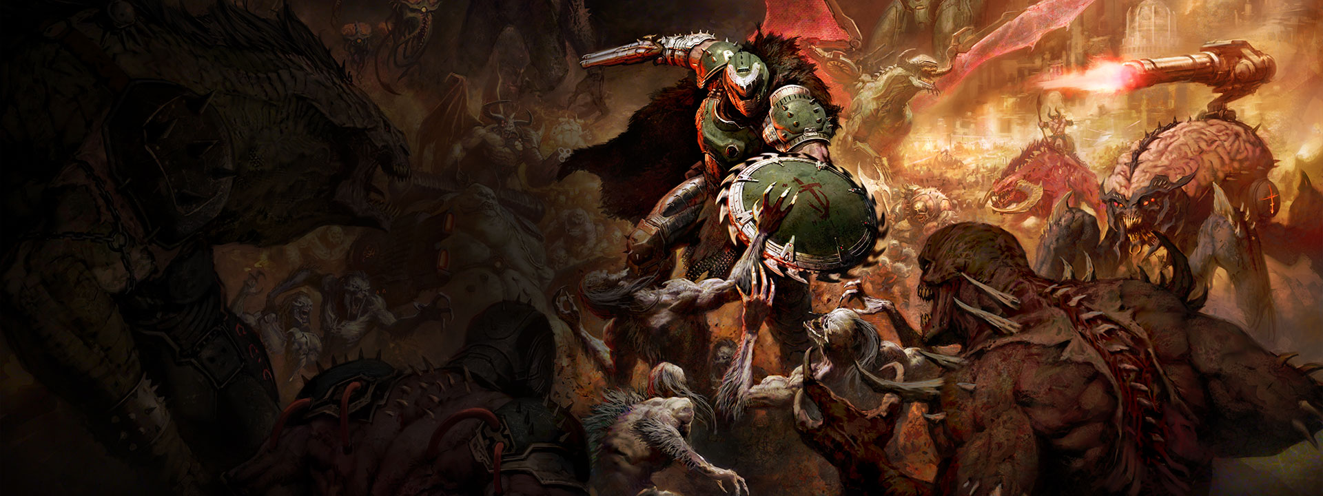 An armored warrior in green wielding a bladed shield fighting a hoard of monsters. 