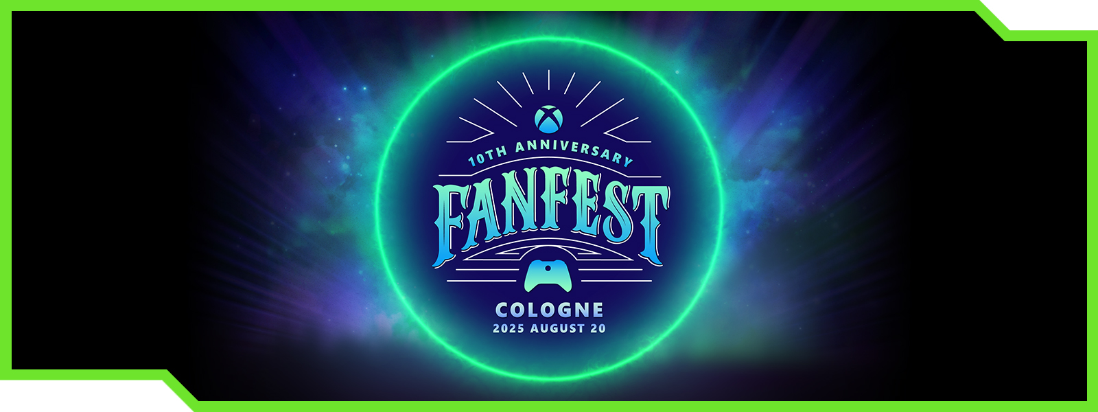 Xbox Logo, 10th Anniversary FanFest logo, Cologne 2025 August 20 text in a glowing sphere against a galaxy background.