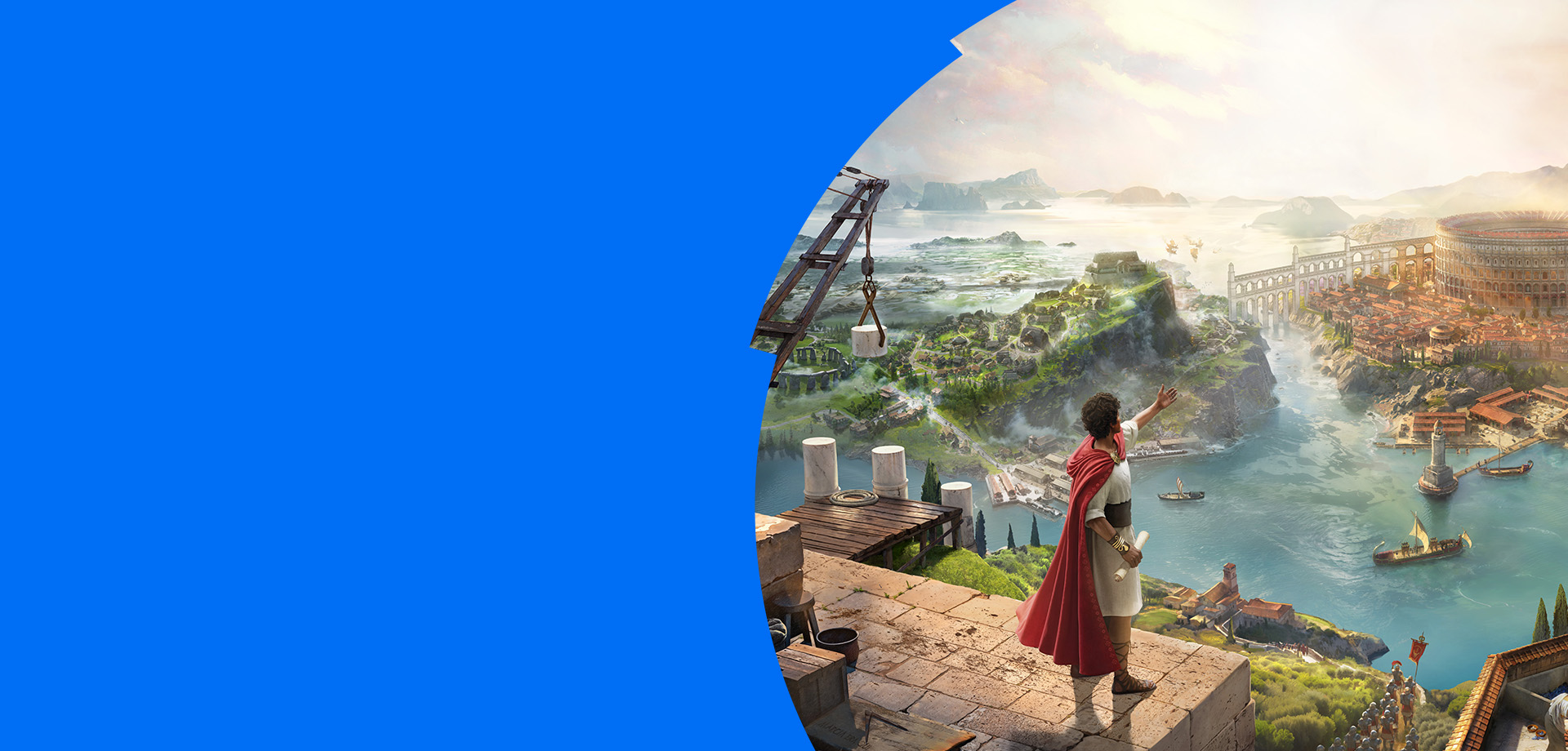 Roomalainen maaherra, joka viittoo kaupungin yllä, jossa on suuri amfiteatteri ja satamassa laivoja. 