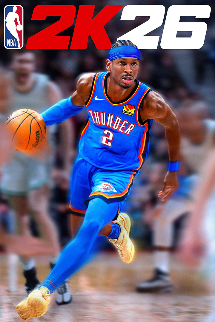 NBA 2K26 logo, Shai Gilgeous-Alexander in a blue Oklahoma City Thunder jersey dribbles a basketball. 