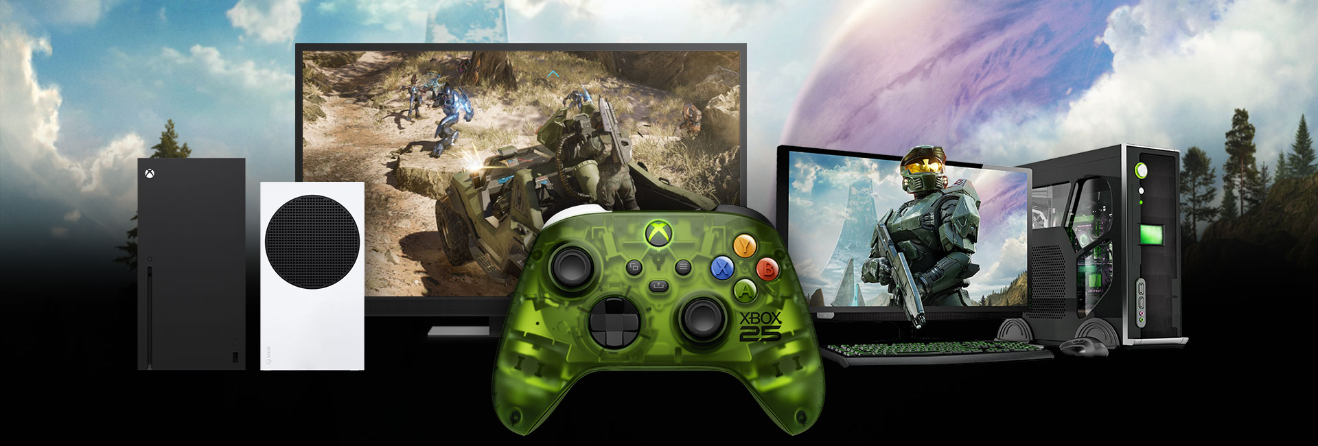 Una colección de dispositivos de juego que muestran la jugabilidad de Halo, con el Mando inalámbrico XBOX X25 Special Edition delante.