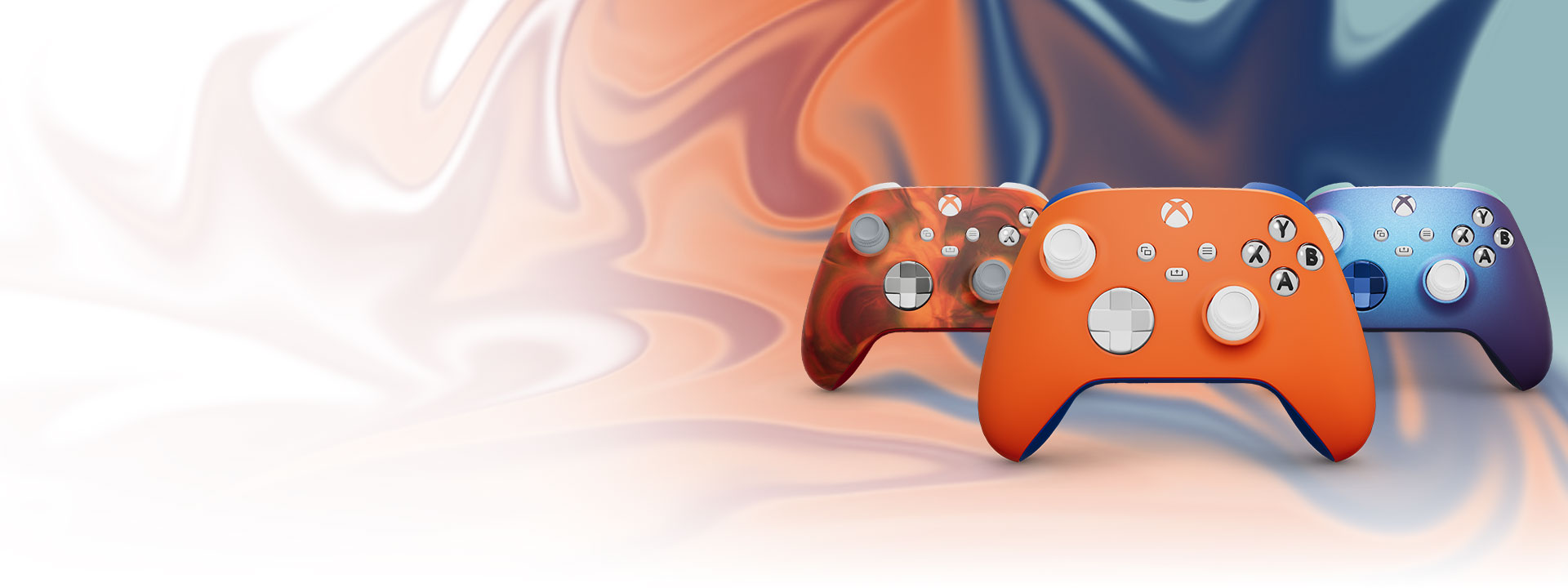Three customizable Xbox Wireless Controllers made with Xbox Design Lab, on a colorful background.