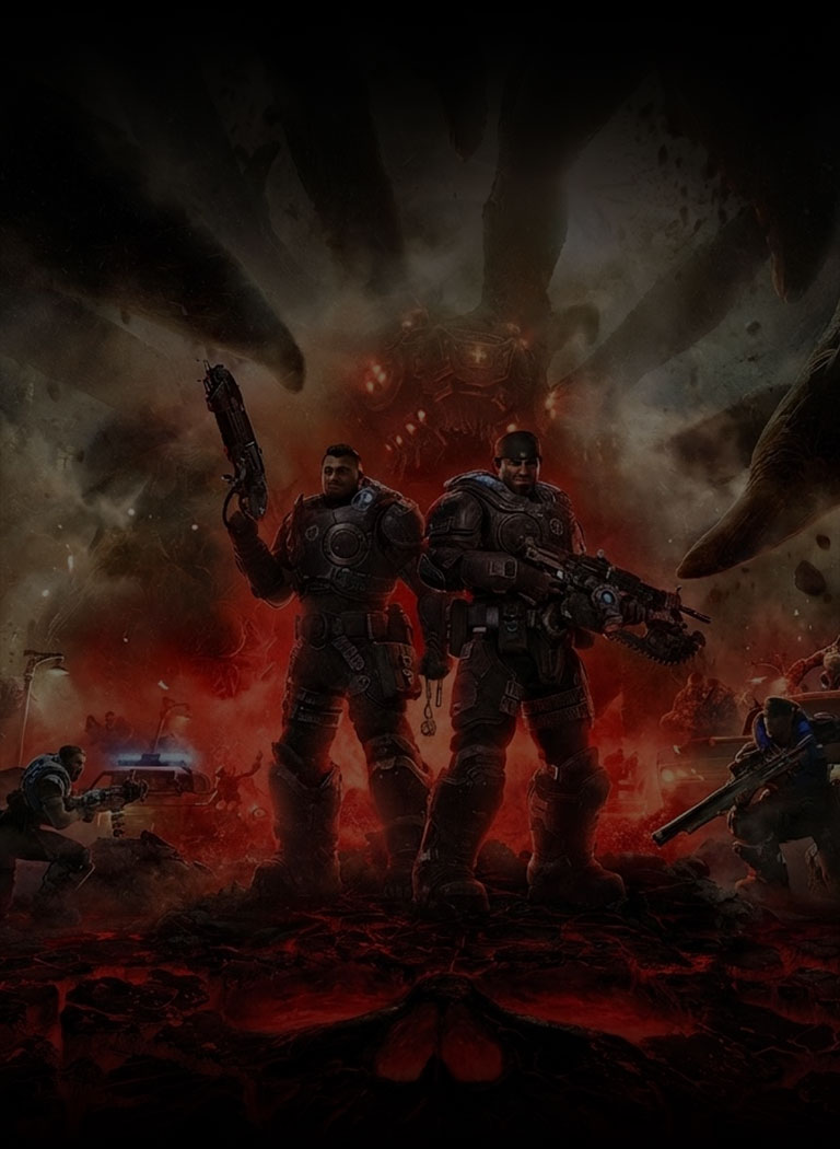 Marcus und Dom halten ihre Waffen, während sich um sie herum das Chaos von Emergence Day entfaltet.
