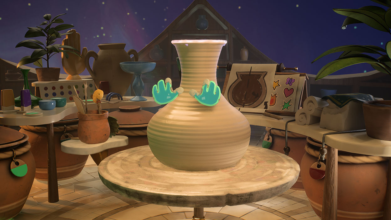 Two clay-covered hands form a large vase, with pottery and tools surrounding the worktable.