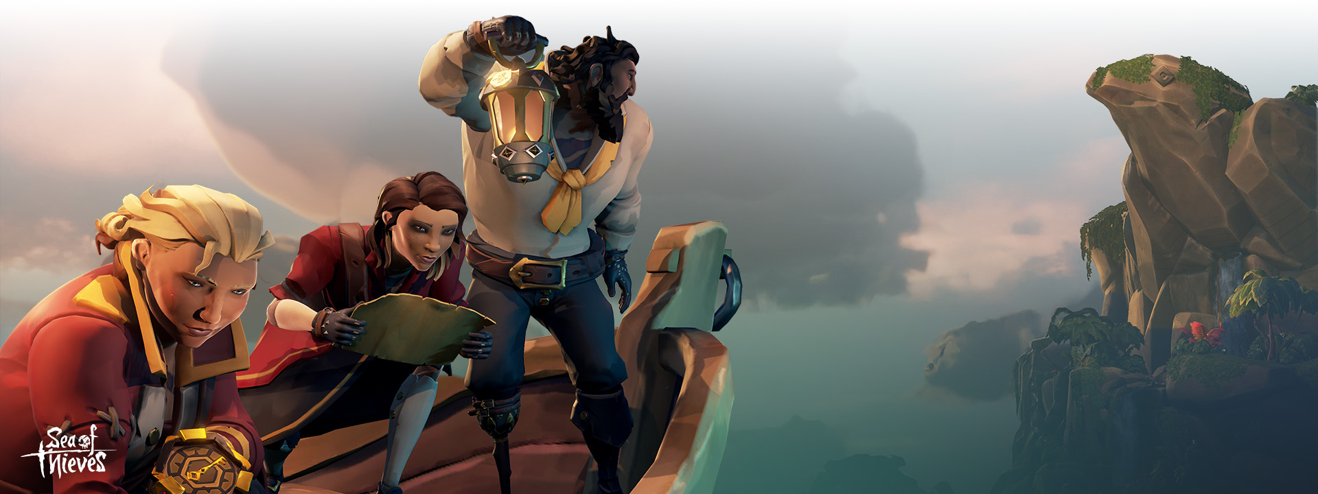 Sea of Thieves logo, a group of pirates on a small boat with the leader standing and holding a lamp.