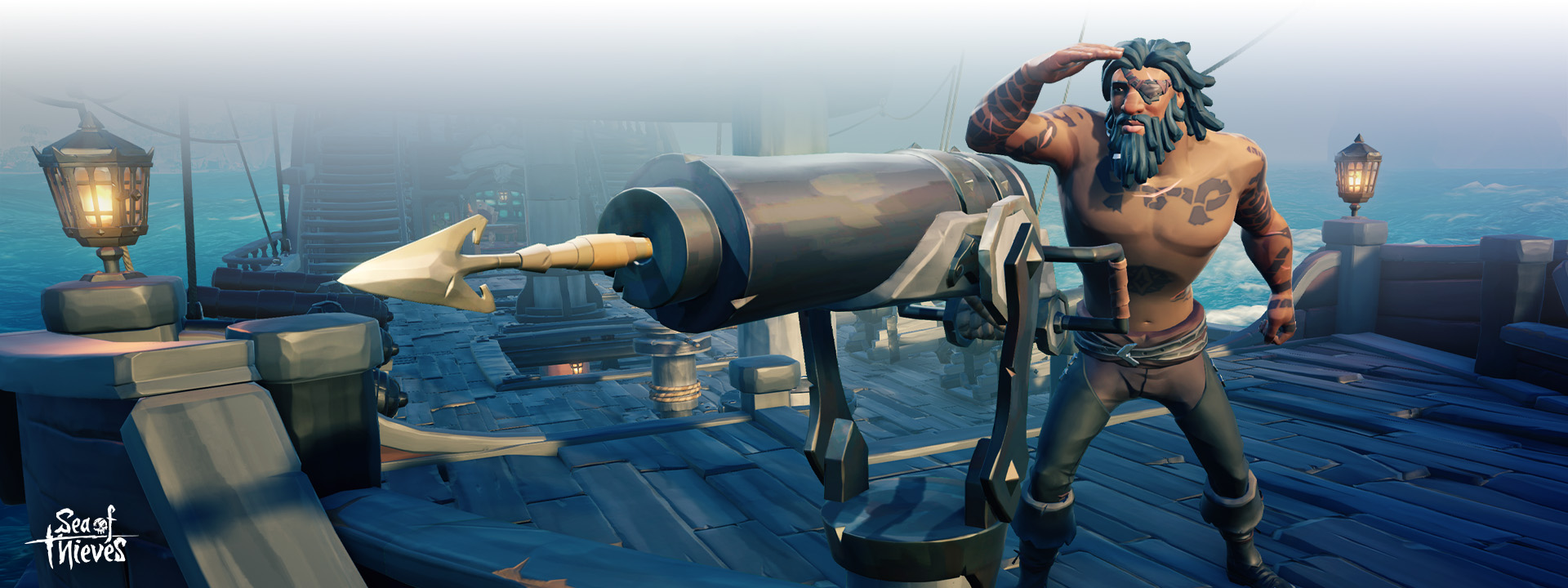 Sea of Thieves logo, a pirate on a ship behind a harpoon gun.