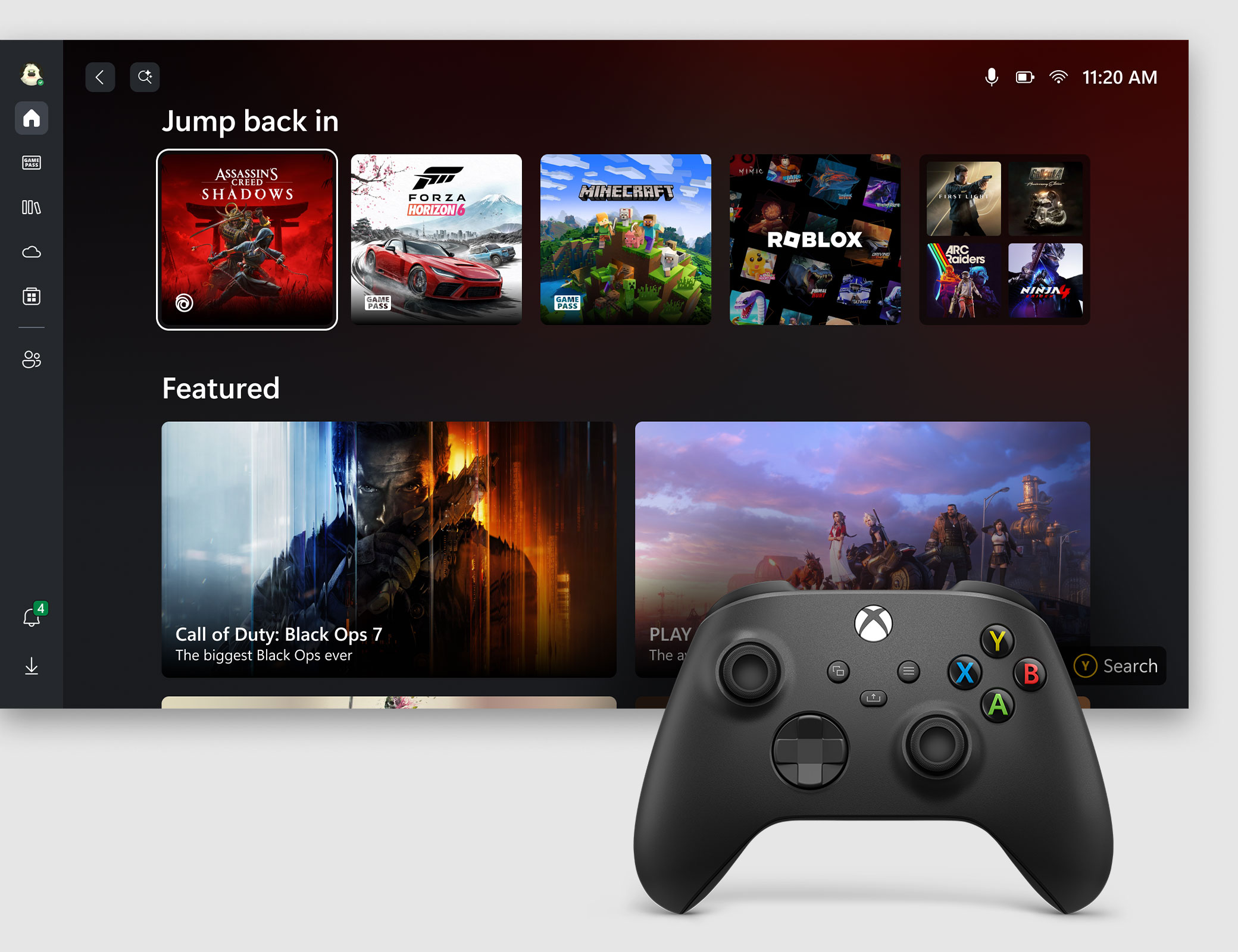 Xbox 무선 컨트롤러와 함께 표시된 Xbox 모드의 UI 화면.