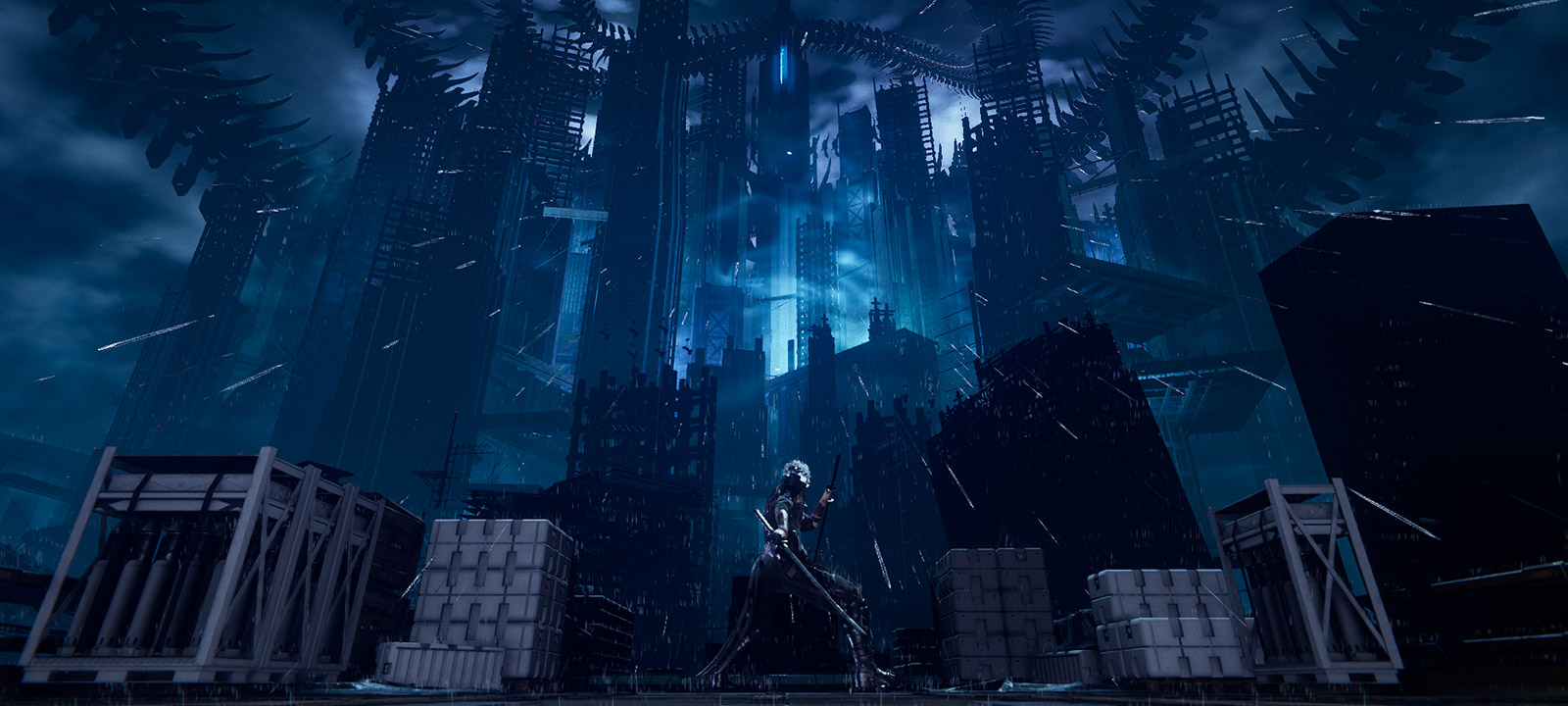 A character approaching a dark looming city with their sword drawn.
