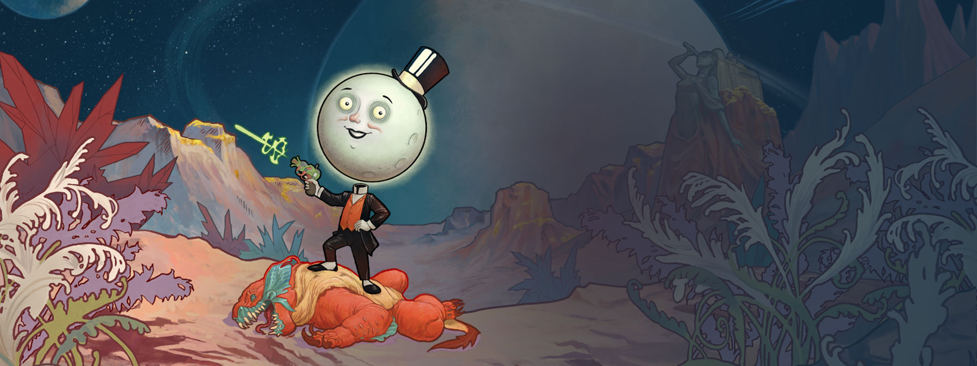 Le logo de The Outer Worlds 2 logo, Le Moon Man se tient debout sur un monstre et tire avec un pistolet laser, avec de grandes plantes en orbite en arrière-plan.