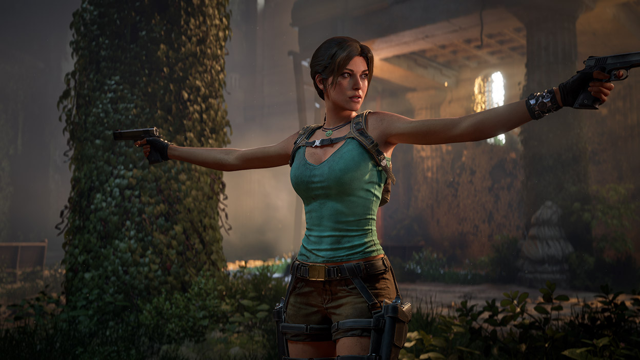 Lara Croft aims two guns while in an overgrown temple.