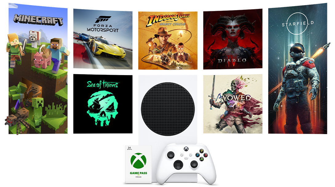 Una console Xbox Series S, un Controller Wireless per Xbox e Xbox Game Pass di fronte a un gruppo di personaggi dei giochi per Xbox.