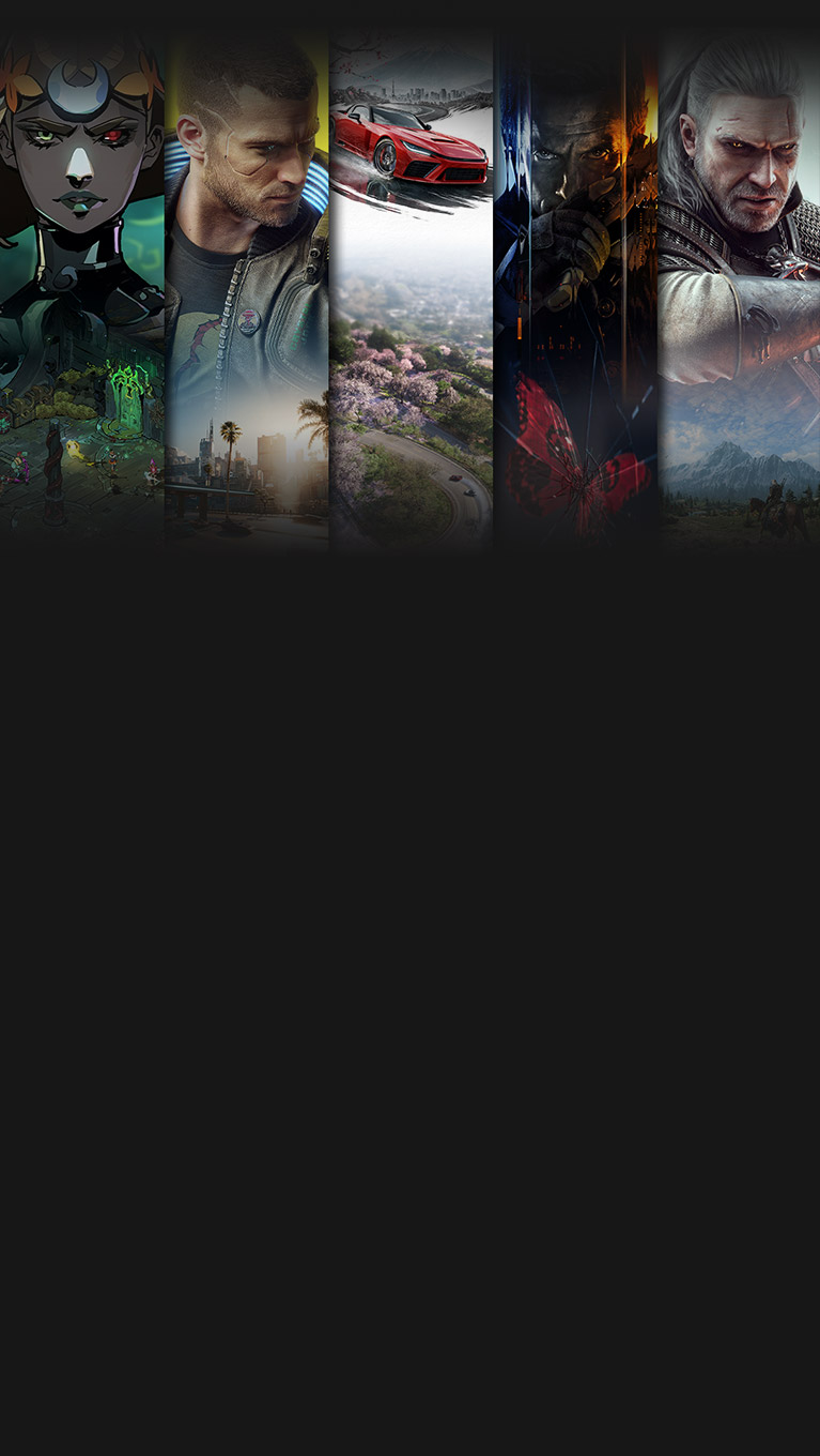 Game art from multiple games available or coming soon with Xbox Game Pass, including Hades 2, Cyberpunk 2077, Forza Horizon 6, Call of Duty: Black Ops 7, and The Witcher 3: The Wild Hunt.