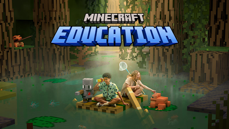 Minecraft Education logo, two children sitting on swamp raft in the Minecraft world. 