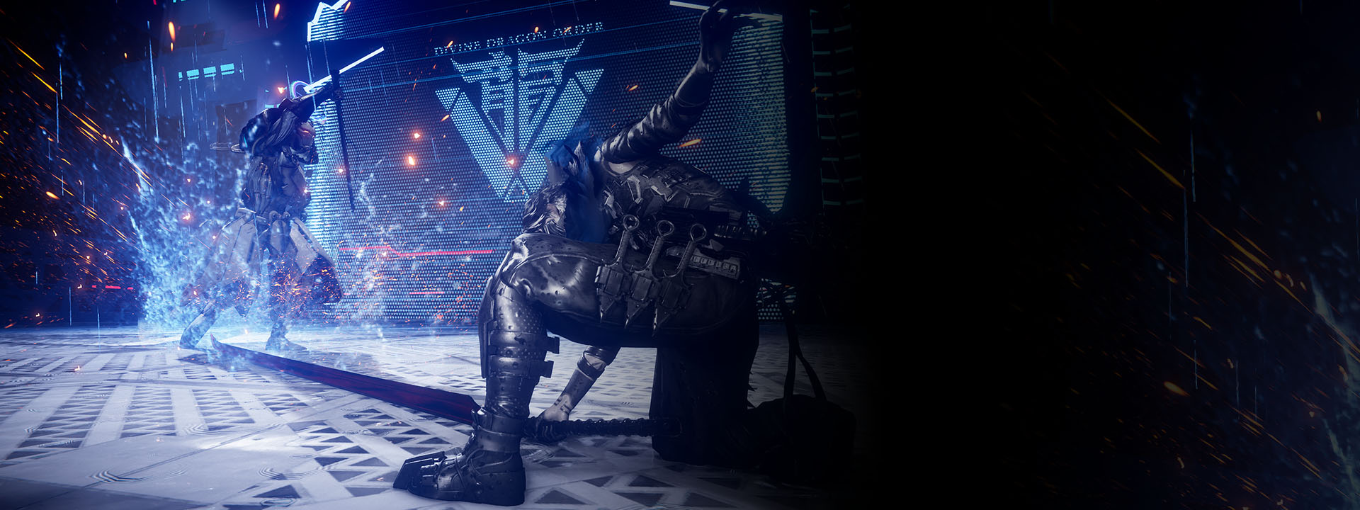 Un personaggio colpisce un nemico con la sua enorme spada. 