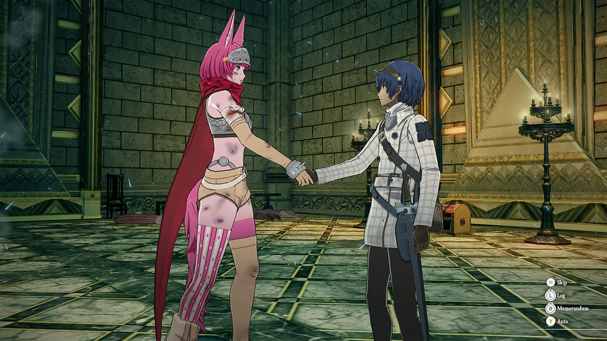 The protagonist shaking hands with a character with pink hair and fox ears.