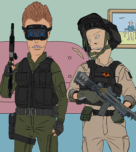Beavis & Butt-Head in a living room dressed in tactical gear