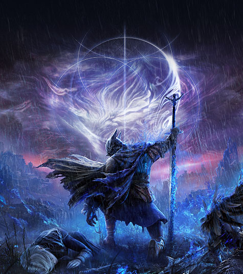 A cloaked figure kneeling in a storm wielding a staff. 