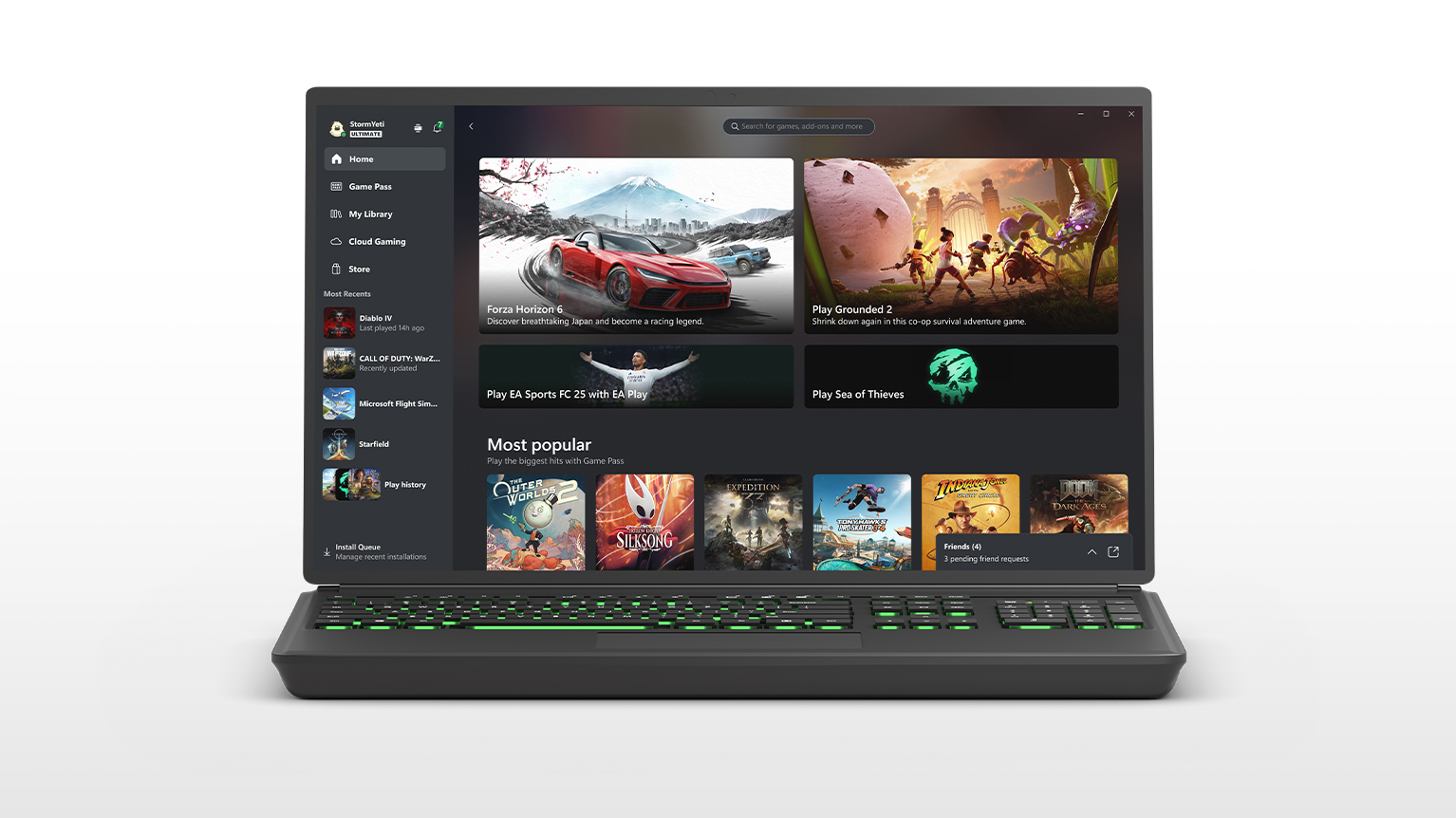 노트북 화면에 표시된 Xbox PC앱 사용자 인터페이스