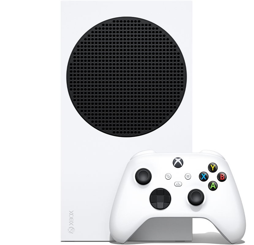 Front angle of the Xbox Series S with an Xbox wireless controller