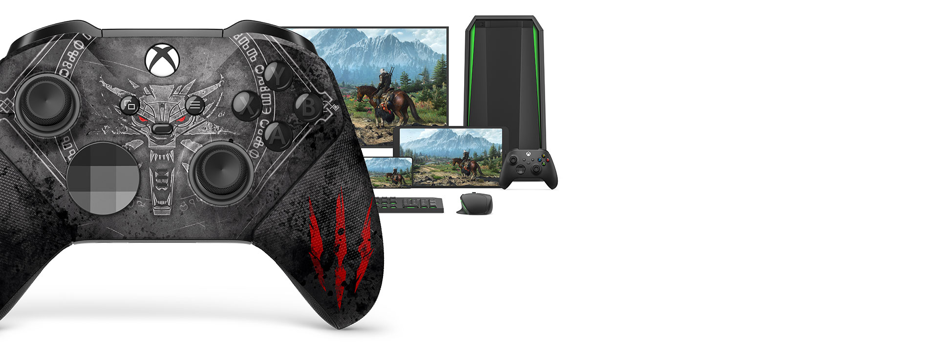 Xbox Wireless Controller – The Witcher 3 10th Anniversary Special Edition with a computer, TV, and an Xbox Series S
