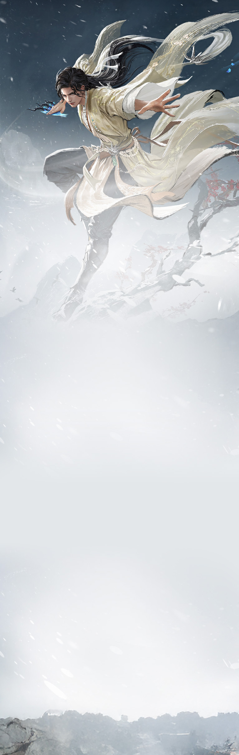 Xunhuan Li, wearing flowing white robes, throws daggers as he leaps against a snowy backdrop.