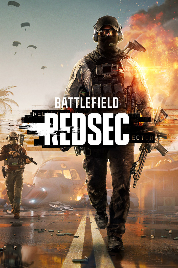 A group of heavily armed soldiers walking down a war-torn street with a large explosion in the background