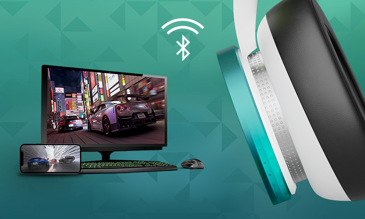 Ασύρματα ακουστικά Xbox – Forza Horizon 6 Limited Edition με μια οθόνη υπολογιστή και ένα κινητό τηλέφωνο με λογότυπο τεχνολογίας Bluetooth 