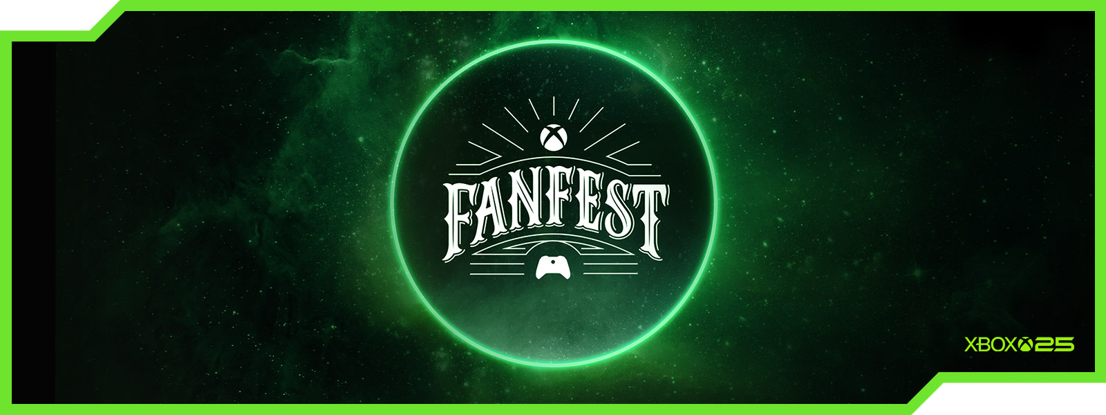 Xbox FanFest logo and Xbox 25th Anniversary logo on a dark green background
