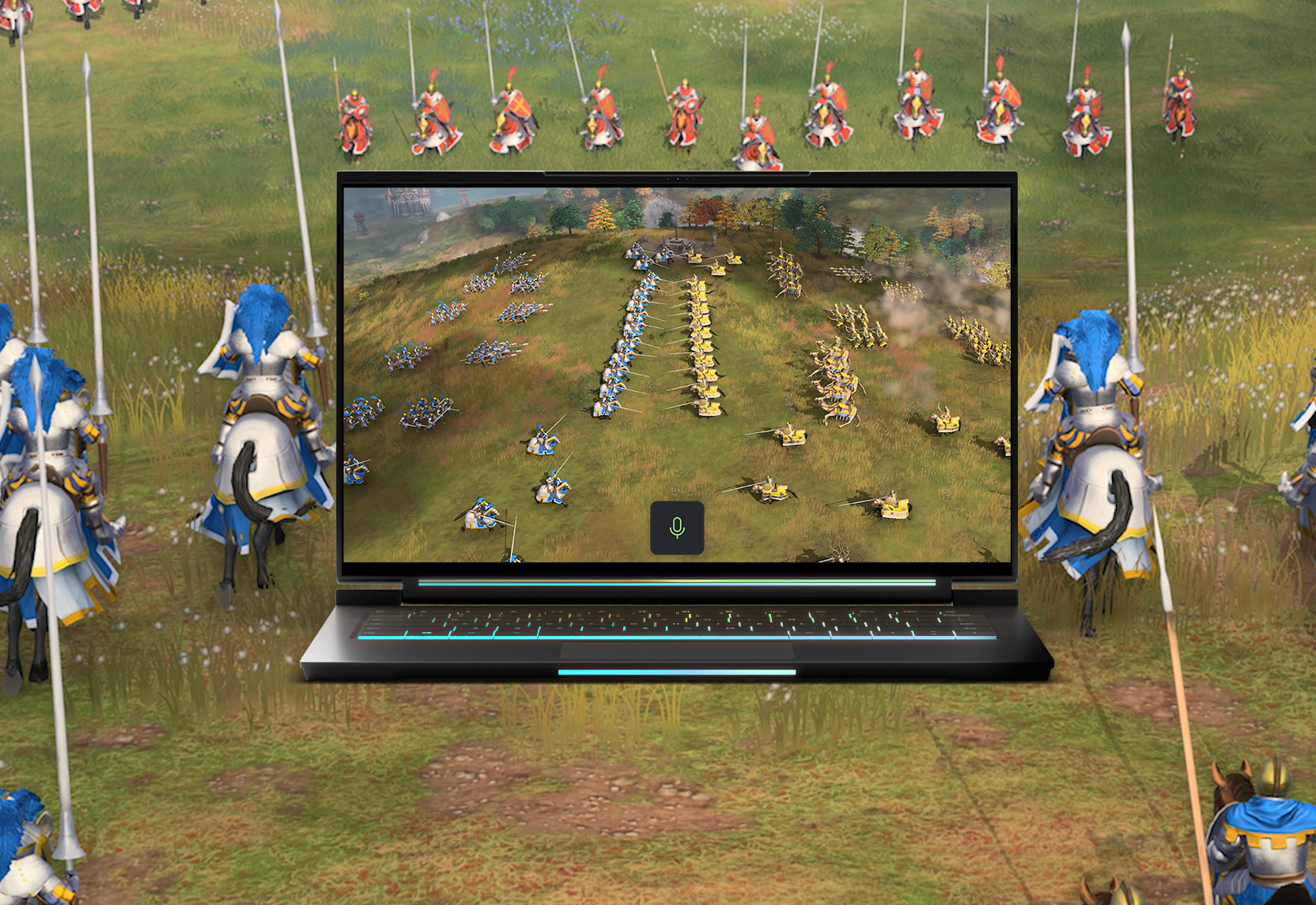 A laptop with Age of Empires IV gameplay and a small Gaming Copilot (Beta) microphone