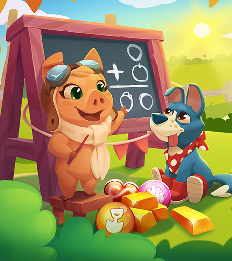 A group of cute farm animals in different outfits sitting in front of a chalkboard on a farm