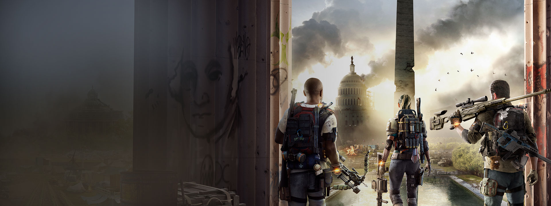 Three soldiers standing in front of a ruined Washington Monument with a smoking capital building in the background