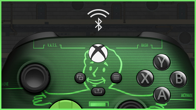 Pohled zblízka na horní polovinu bezdrátového ovladače Xbox Elite Series 2 – Fallout Pip-Boy a logo technologie Bluetooth