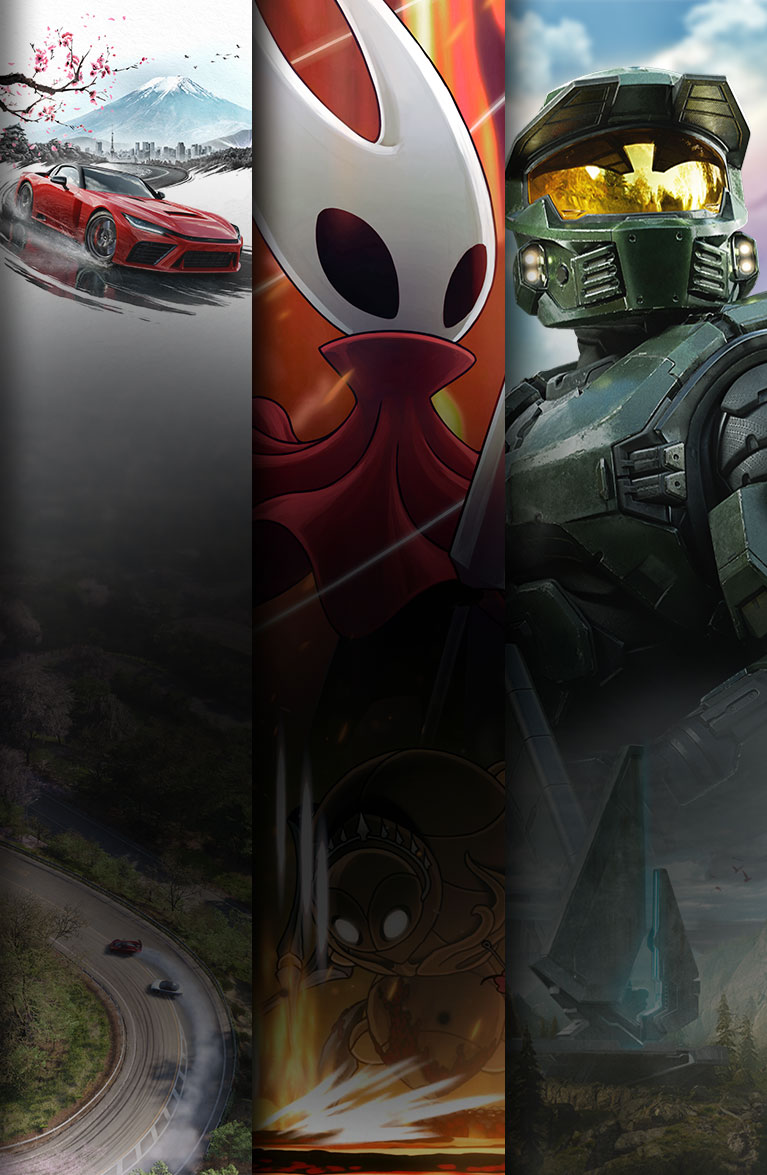A selection of games available or coming soon with Game Pass including Forza Horizon 6, Hollow Knight: Silksong, and Halo: Campaign Evolved.