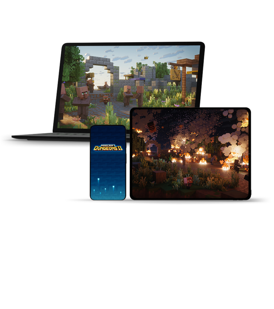 Minecraft Dungeons II scenes displayed on a laptop, tablet, and smartphone